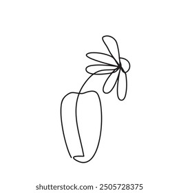 Abstract flower in vase. Hand drawn vector illustration. Linear contour icon. Line continuous drawing. Floral design, botanical print, card, wall art poster, logo, doodle, symbol
