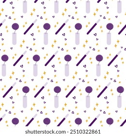 Abstract flower in vase, Magic wand, decorative hearts and star shapes Seamless pattern Isolated