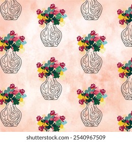 Fundo abstrato de flor e vasos padrão. Design desenhado à mão em estilo de desenho animado perfeito para usar para impressão têxtil, papel de parede, decoração de casa etc.