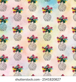 Fondo Abstractas del patrón de la flor y de los floreros. Diseño dibujado a mano en estilo de dibujos animados perfecto para usar para impresión textil, Fondo de pantalla, decoración del hogar, etc.