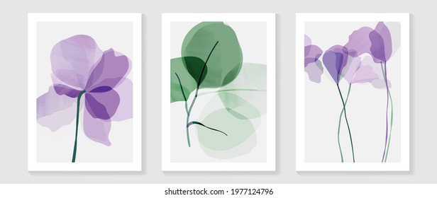 Abstract flower vector arts background. Wall art design with watercolor and transparency vector effect. Floral and leaves wall decoration.  