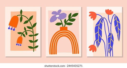 Abstraktes Blumen-Vektorgrafik-Poster-Set. Blumensommer Wandkunst. Matisse druckt mit Pflanze im Topf