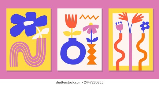 Abstract flower vector poster set. Floral summer wall art. Matisse prints with plant in pot