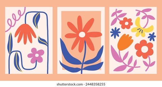 Abstract flower vector poster set. Floral summer wall art. Matisse prints with plants