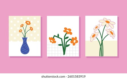 Abstract Flower vector poster set Floral summer wall art Matisse prints with plant in pot Illustration