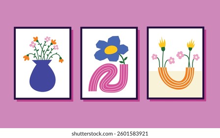 Abstract Flower vector poster set Floral summer wall art Matisse prints with plant in pot Illustration