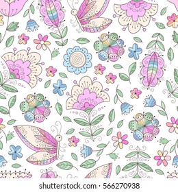 Abstract flower vector seamless pattern with butterfly's and plants. Beautiful floral print with doodle flowers