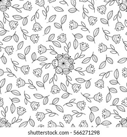 Abstract flower vector seamless pattern with leaves. Black and white cute doodle seamless pattern