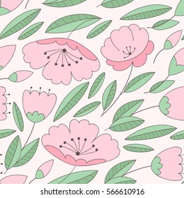 Abstract flower vector seamless pattern. Beautiful pink floral print with doodle flowers
