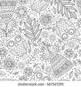 Abstract flower vector seamless pattern with leaves and owls. Cute black and white owls and doodle flowers. Monochrome background