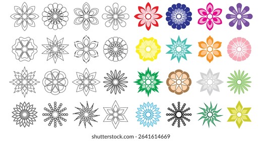 abstract flower vector with various colors and line art style on white background for design elements