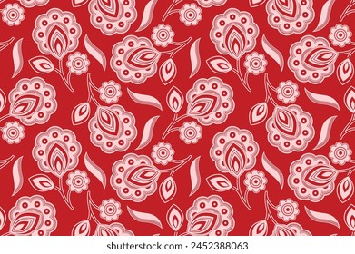 Abstract Flower, Vibrant Seamless Pattern on Red Background, Textile Art, Fashion Artwork for Fabric Printing Clothing, Bags, Ethnic Design.