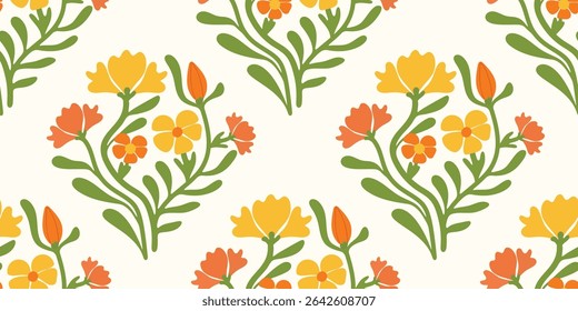 Abstract flower vintage seamless pattern background vector. Colorful botanical wallpaper with flower, foliage. Design for prints, cover, fabric, packaging, wall art, home decor.