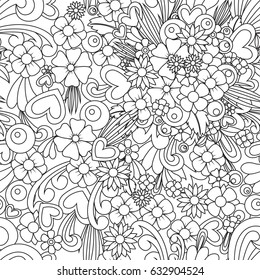 Abstract flower zentangle art. Black and white seamless pattern background. Vector zen tangle with blossom and heart shape.