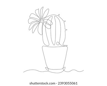 Abstract flowering cactus, houseplant , continuous one line art hand drawing