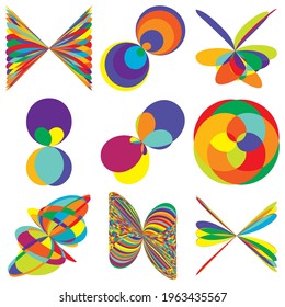 Abstract flower-like curvy, colourful, rounded vibrant geometric shapes, design elements. Mandala, motif vectors