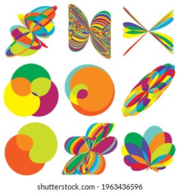 Abstract flower-like curvy, colourful, rounded vibrant geometric shapes, design elements. Mandala, motif vectors