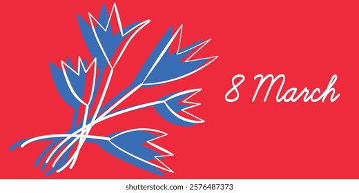 Abstract Flowers with 8 March on Red Background for Celebration. Illustration of abstract blue flowers with the text 8 March on a red background, conveying celebration and festivity, perfect for Inter