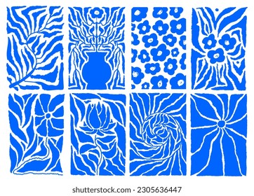 Arte de flores abstractas. Estilo matisse, formas botánicas modernas de doodle. Hojas de flores vintage dibujadas a mano con jarrones. Carteles decorativos para el interior del apartamento