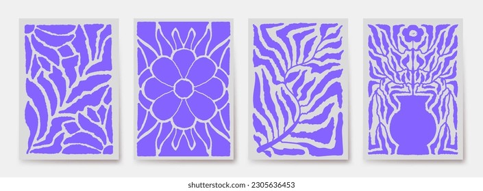Abstract flowers art. Matisse style, botanical modern doodle shapes. Hand drawn vintage flower leaves with vases. Decorative posters for the interior of the apartment