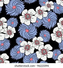 Abstract flowers background, colorful vector wallpaper, fashion seamless pattern, creative fabric, retro wrapping with graphic flower ornaments - summer and spring theme for decoration and design