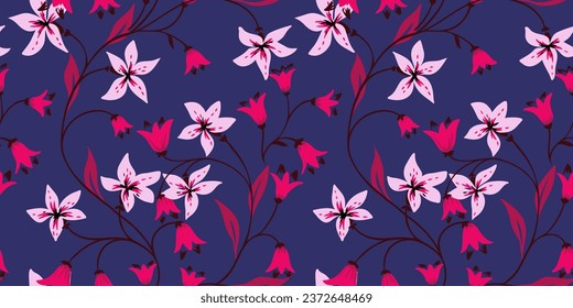 Abstract Flowers bell seamless pattern. Vector hand drawn branches flowers  bell with leaves. Dark simple print. Template for design, fabric, fashion, wallpaper, surface design.