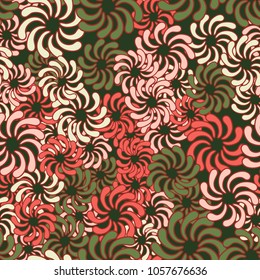 Abstract flowers from bent elements. Chaos of color. Seamless pattern.