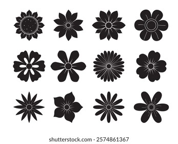 Abstract flowers black shapes, top view. Spring flora. Flat vector illustration on white background
