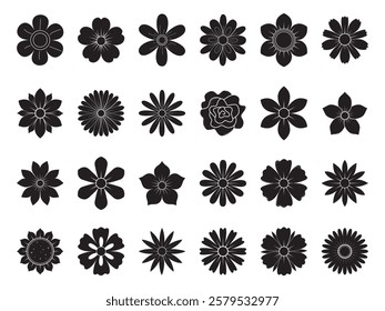 Abstract flowers black shapes, top view. Spring flora. Flat vector illustration on white background