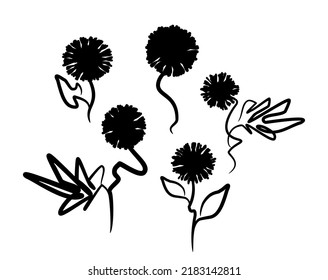 Abstract flowers black vector silhouette drawing.Floral stencil set.Botanical Beauty Tattoo illustration.Hand drawn leaves.Decoration element.Cricut plotter laser cutting.Vinyl wall sticker decal.DIY.