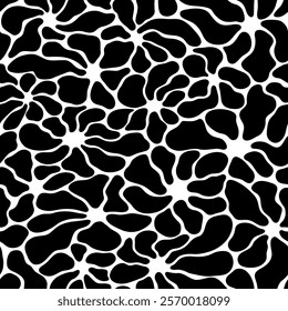 Abstract flowers black and white seamless pattern with wavy shapes on black. Matisse art endless background. Contemporary home textile, bedding, floor tiles, package. 