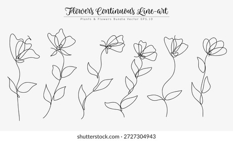 Abstract Flowers Blossom One Continuous Set Hand Drawing Line Art. Vector Illustration