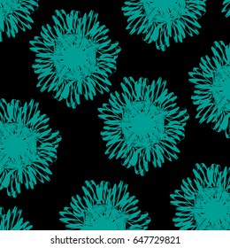 Abstract flowers, blue chrysanthemums on a black background
