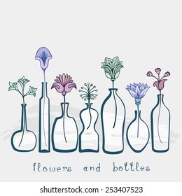 Abstract flowers and bottles background. Decorative background with set of bottles and vases and various flowers. Vintage colors. line art hand drawn elements and text. Vector file is EPS8.