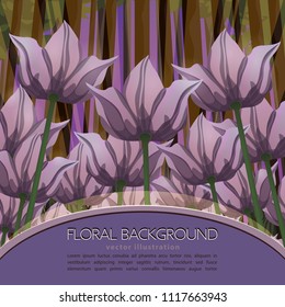 Abstract flowers bottom view, vector illustration, colorful drawing. Drawn purple buds, petals and stalks growing upwards against the background of forest and violet sky and text. Floral card, banner