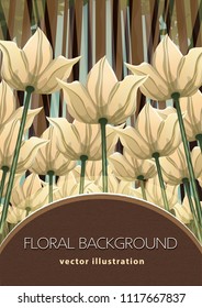 Abstract flowers bottom view, vector illustration, colorful drawing. Drawn yellow buds, petals and stalks growing upwards against the background of the forest and sky and text. Floral card, banner