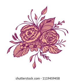 Abstract flowers bouquet with embroidery handmade effect in burgundy pink on white for decoration clothes or package and for others things