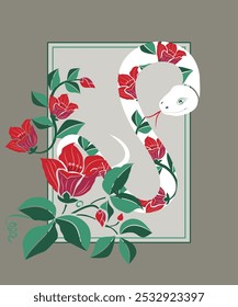 Abstract flowers bouquet and snake decoration on square frame on grey background.