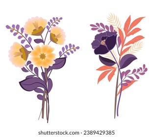 Abstract flowers bouquets, purple, violet and yellow colors. Vector illustration.