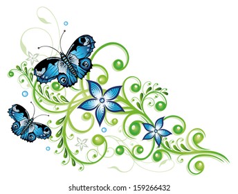 Abstract flowers with butterflies, blue and green series.