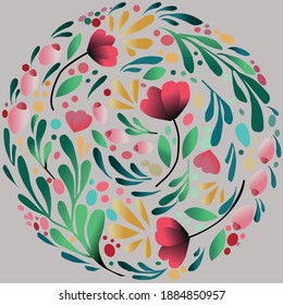 Abstract flowers in a circle shape. Vector illustration. Tropicsl flowers, cute flowers, flower decoration.