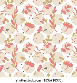 Abstract flowers and circles, geometrical background in pink, white and brown, colorful seamless vector pattern.