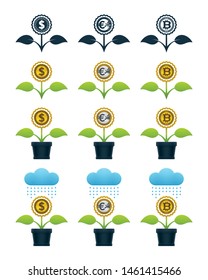 Abstract flowers with coins on white background. Financial growth concept design.