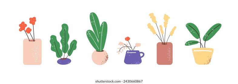 Abstract flowers in colored pots, vases set. Cute houseplants in clay flowerpots. Bouquet with decorative dry leaves for cozy. Home plant for interior decor. Flat isolated vector illustration no white