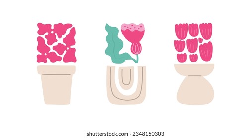 Abstract flowers composition in vases. Bright pink tulips, bell, hydrangea for card, poster, wall art.