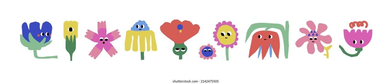 Abstract Flowers creatures with Faces.  Floral shapes with different emotions.   Hand drawn trendy Vector illustration for kids. Paper cut domestic plants. Trendy cartoon style. All items are isolated