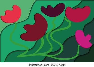Abstract flowers in cut paper style. Abstract background in different bright colors. For greeting cards, paintings, invitations