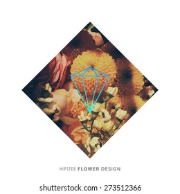 Abstract Flowers Design with Hipster Geometric Label for Contemporary Logo Design. Floral Frame for Poster, Banner, Placard, Restaurant or Boutique Identity