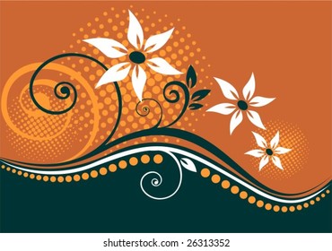 Abstract  flowers and dots on an orange background.