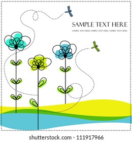 Abstract flowers with dragonfly on a white background